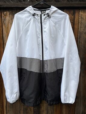 Russell Athletic White Gray Black Colorblock Hooded Windbreaker
